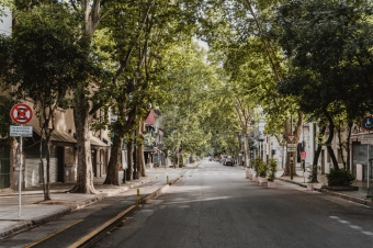 Imagem de uma rua em cidade, com várias árvores